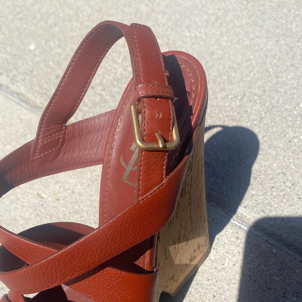 Saint Laurent Cognac Leather Cork Wedge Sandals - Picture 6 of 7